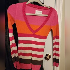 Aeropostale Women's V-Neck Sweater - Pink, Orange, and Brown Stripes